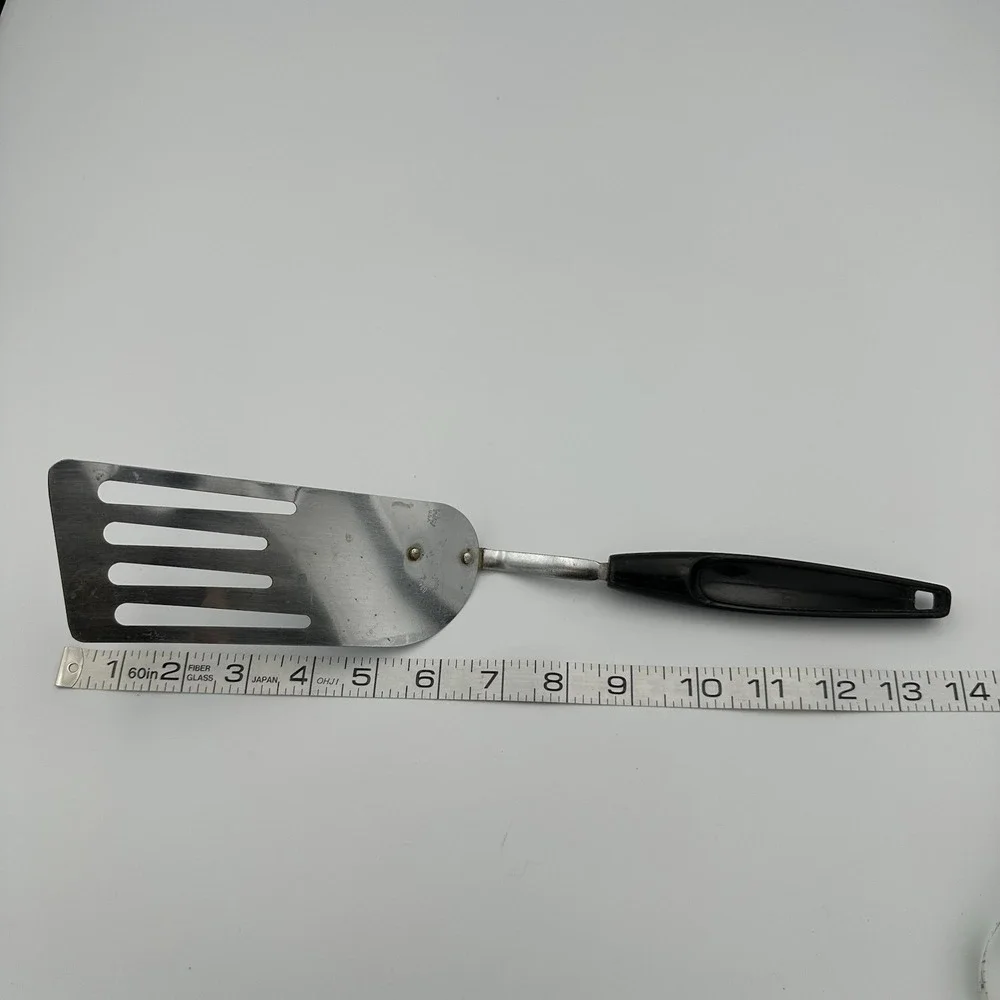 Vtg FOLEY USA Slotted Angled Spatula Chrome Black Plastic Handle Kitchen Utensil